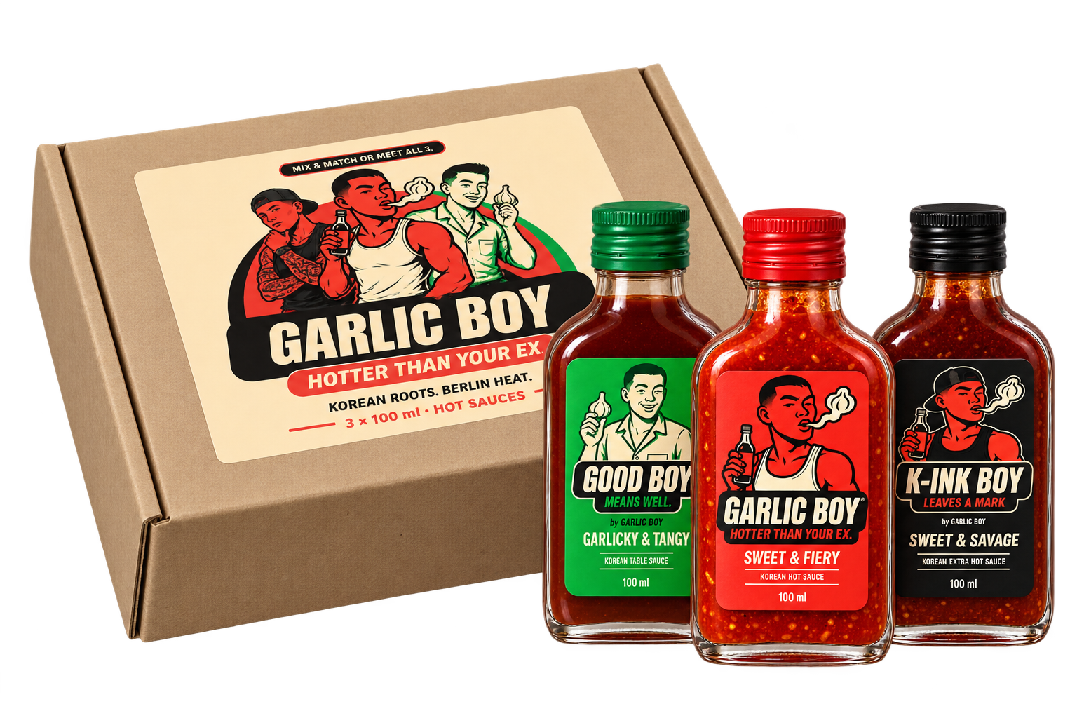 THE 3 BOYS gift set: a Garlic Boy gift box with GOOD BOY, GARLIC BOY and K-INK BOY sauce bottles
