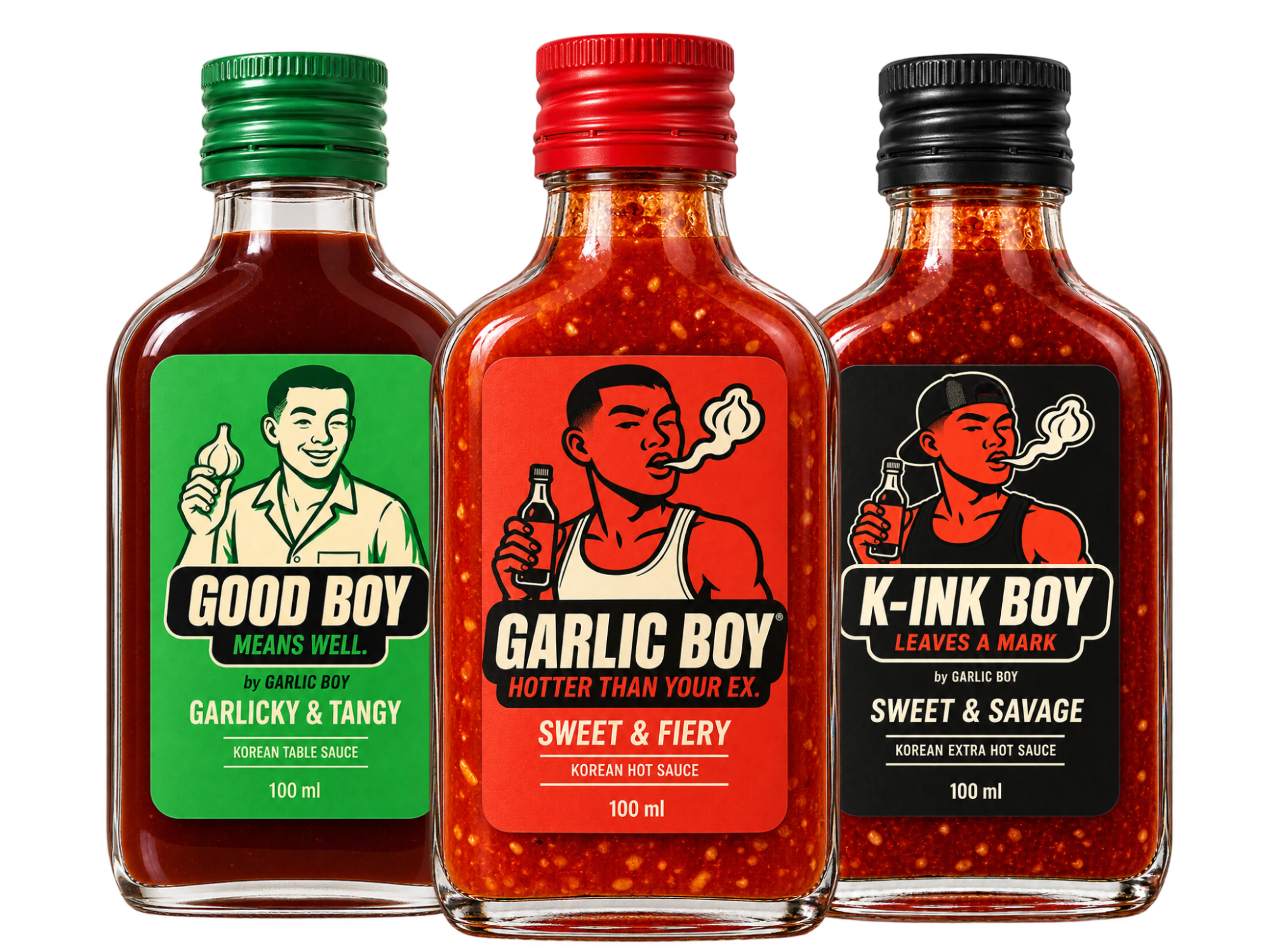 GOOD BOY, GARLIC BOY and K-INK BOY sauce bottles side by side, with GARLIC BOY in the centre
