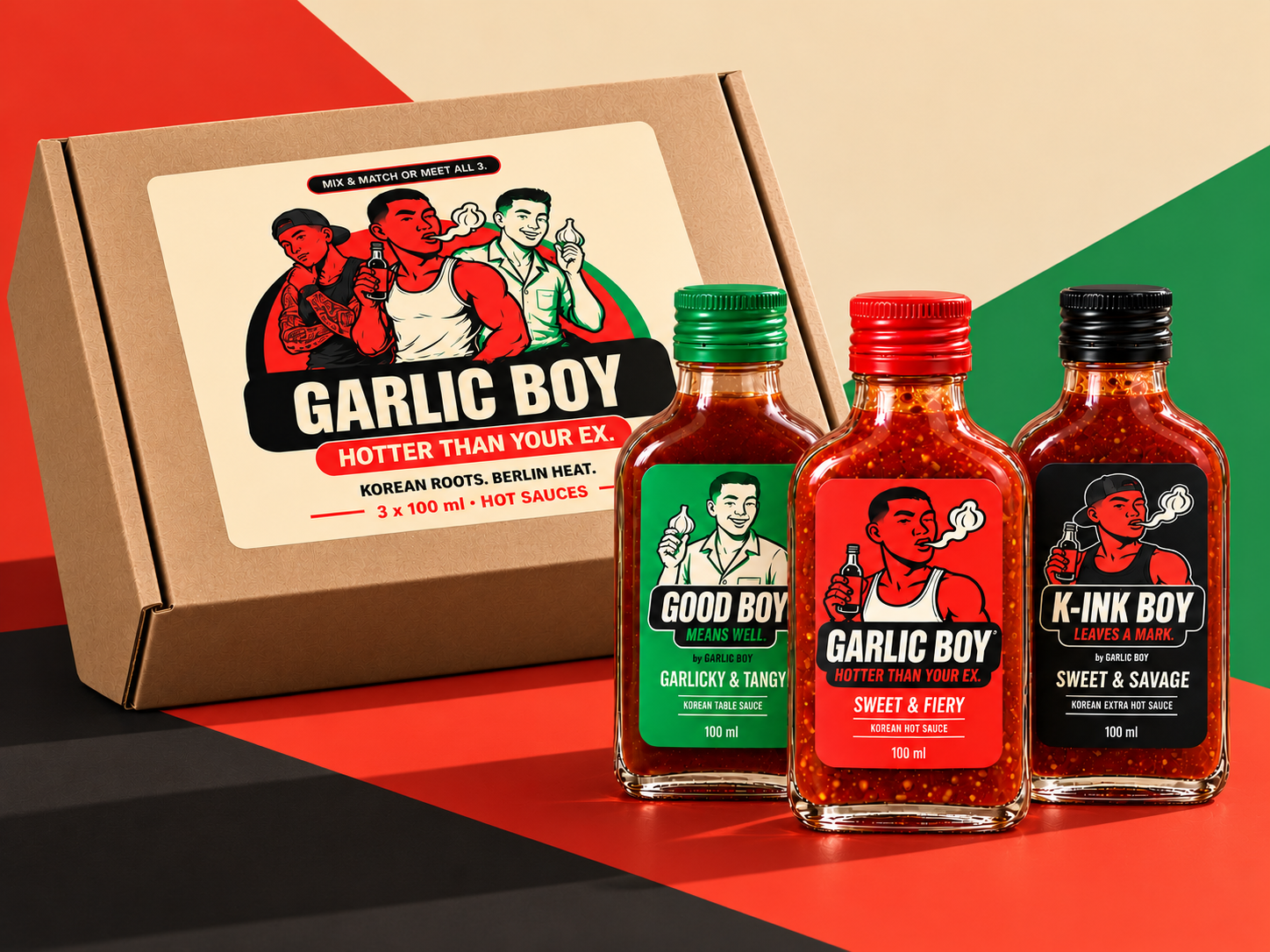 THE 3 BOYS kraft gift box next to GOOD BOY, GARLIC BOY and K-INK BOY 100 ml bottles